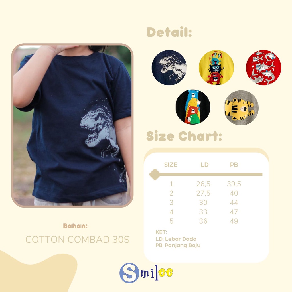 Kaos Anak Cowok Smilee Murah Motif Animal Size 1-5Tahun