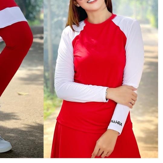 Baju Senam Atasan Aquatic dan Legging Rok Nahrasport Merah Putih / Baju Olahraga Setelan Legging Rok