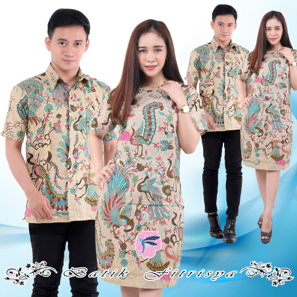 Baju Couple - BATIK PASANGAN PRIA WANITA - DRESS LENGAN PENDEK & KEMEJA - MOTIF BURUNG MERAH PINK PU
