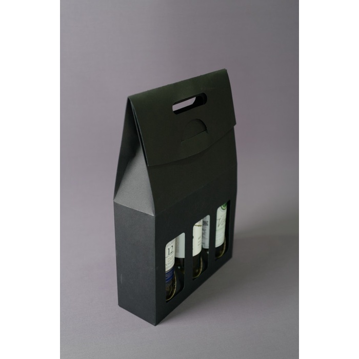 Wine Packaging Window Bag 3 Black Linen - Paper Bag Jinjing Box Wadah Isi 3 Botol