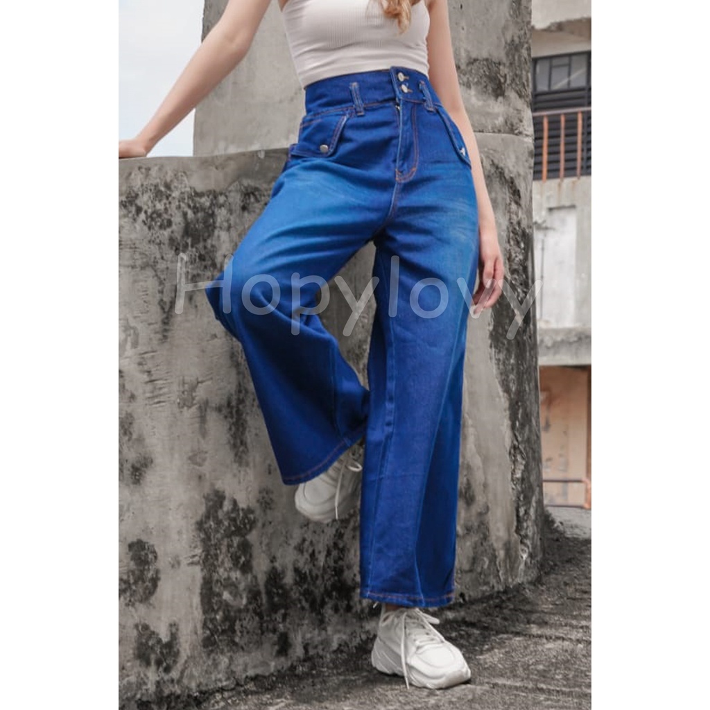 HOPYLOVY - Celana Panjang Kulot Highwaist Jeans Wanita Double Button Destiny