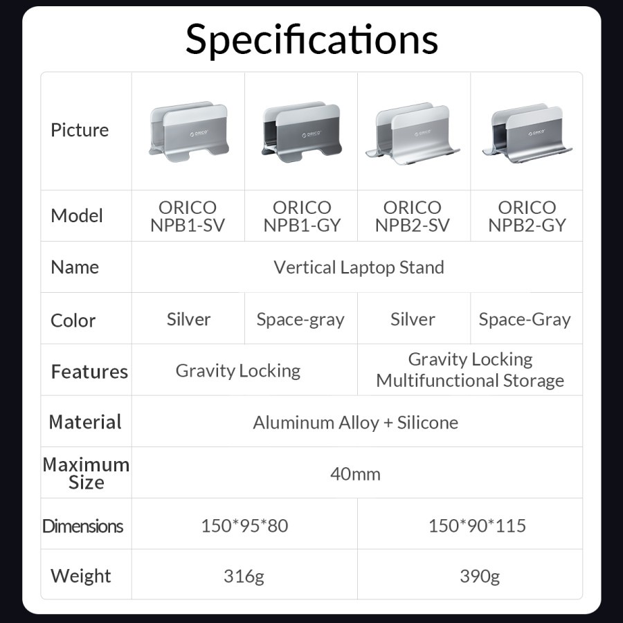 ORICO NPB1 Vertical Laptop Stand Aluminium Silicon