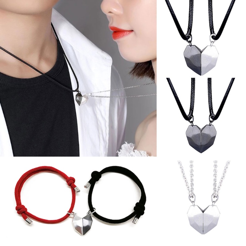 Glitter 2Pcs Minimalist Lovers Matching Friendship Heart Pendant Couple Magnetic Distance Faceted Heart Pendant Necklace Jewelry