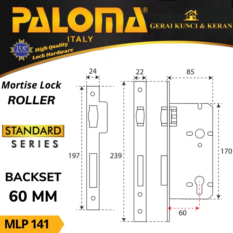 Body Kunci PALOMA MLP 141 STANDARD ROLLER 60MM PVD GOLD MORTISE LOCK ROLLER