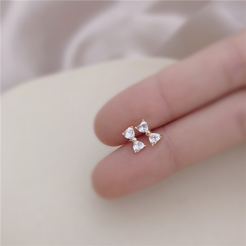 Anting Tusuk Lapis Emas 14K Desain Pita Hati Hias Cubic Zirconia Untuk Wanita