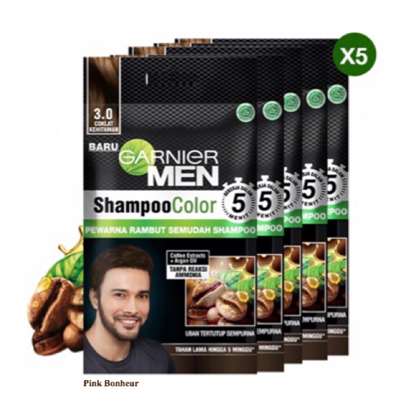 Garnier Men Shampoo Color (Pewarna Rambut Pria Semudah Shampoo Pack of 5 Sachet Isi 5 Bungkus Cat Se
