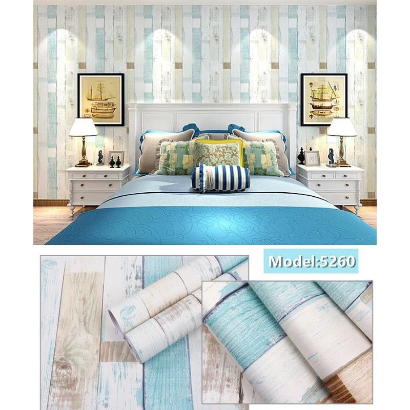 wallpaper sticker motif kayu biru bahan PVC anti air full lem