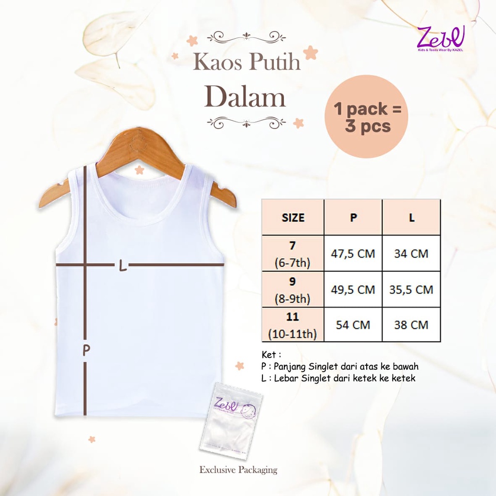 Zebe Kaos Dalam Putih (3 pcs, Usia 6-11 tahun)