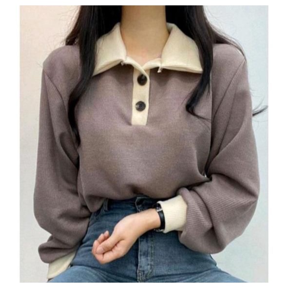 Sweater Wanita Collar Girl Sweater Kancing Polos Kerah Bahan Flecee