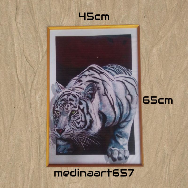 LUKISAN HIASAN DINDING DEKORASI RUMAH RUANG TAMU GAMBAR HARIMAU 3D + BINGKAI
