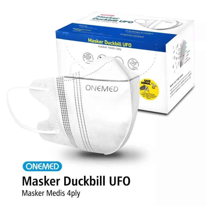 MASKER KARET MEDIS DUCKBILL UFO PUTIH 4 PLY ONEMED BOX ISI 30 LEMBAR / MASKER DUCKBILL