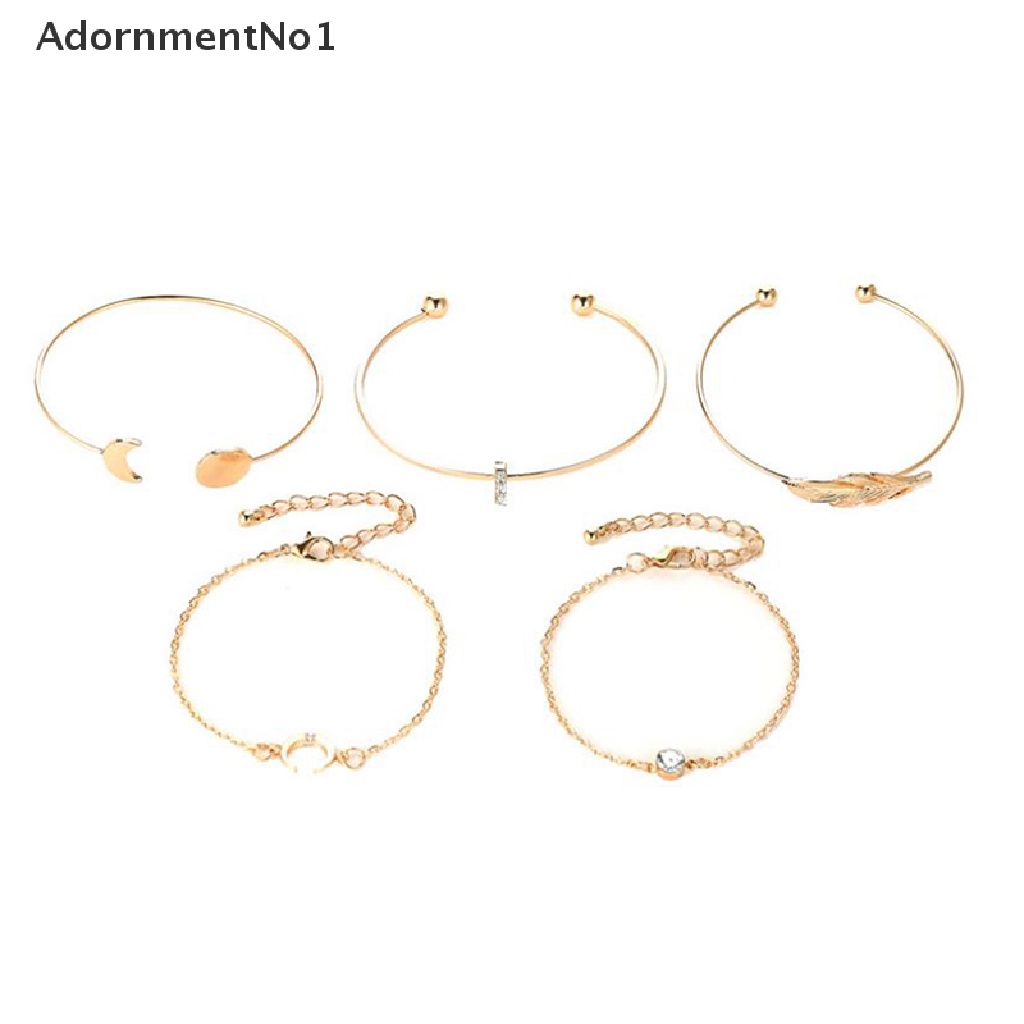 (AdornmentNo1) 5pcs / set Gelang Tangan Terbuka Gaya Bohemian Motif Daun + Bulan + Hollow Untuk Perhiasan Wanita / Pantai