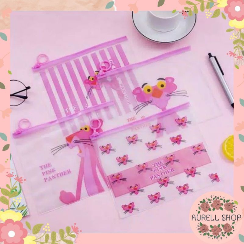 

[ COD ] tempat pensil Transparan Karakter Pink Panther / Tempat Kosmetik Transparan / Pouch Organizer