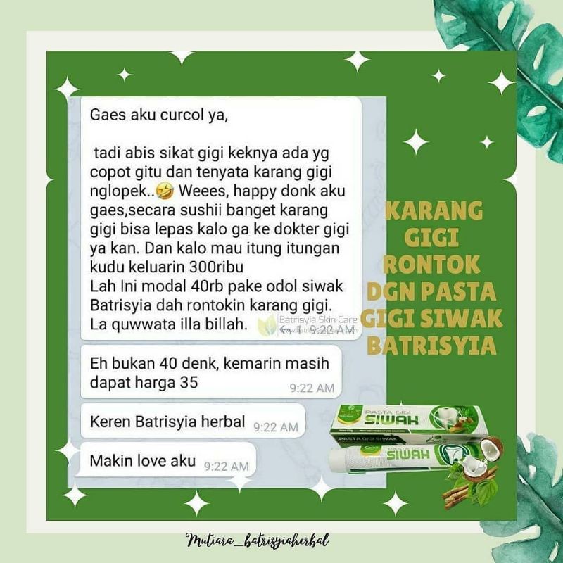 PASTA GIGI SIWAK BATRISYIA / OBAT SAKIT GIGI HERBAL/PASTA GIGI PERONTOK KARANG GIGI