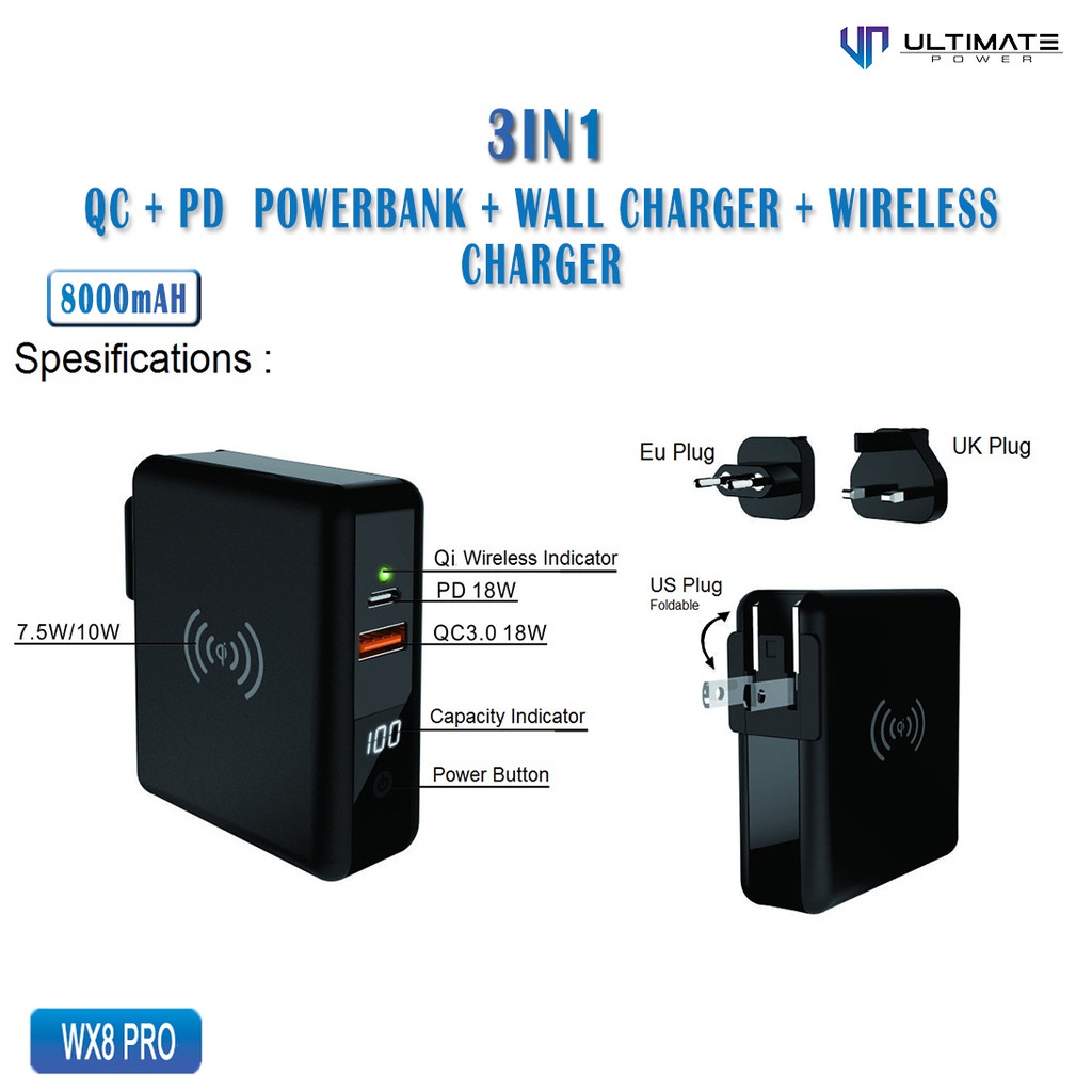 Adapter Charger QC PD UltimatePower WX8 Pro 3in1 Powerbank + Wall Charger + Wireless Charger 8000mAh