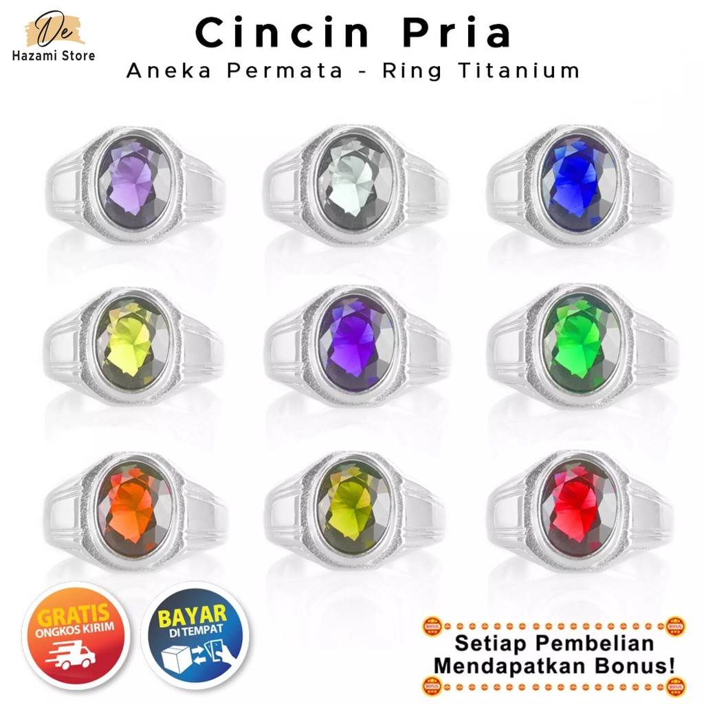 BISA COD Cincin Pria Titanium Batu Permata Hijau Biru Merah Cutting Akik Anti Luntur Karat Terbaru
