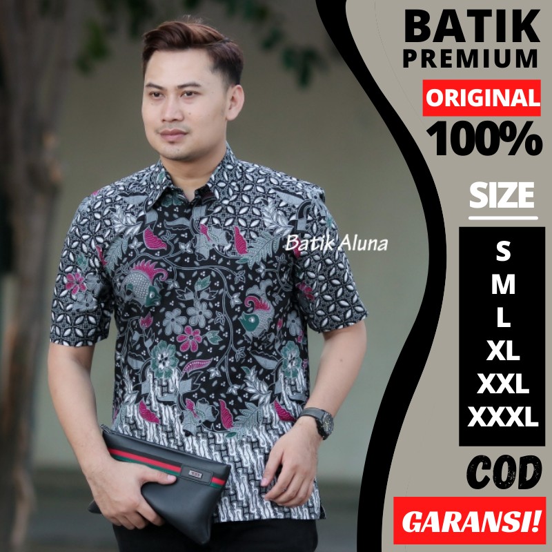 Baju Kemeja Batik Pria Cowok Laki2 Aluna Katun Tenun Jawa Solo Furing Lengan Pendek Slimfit Slim Fit