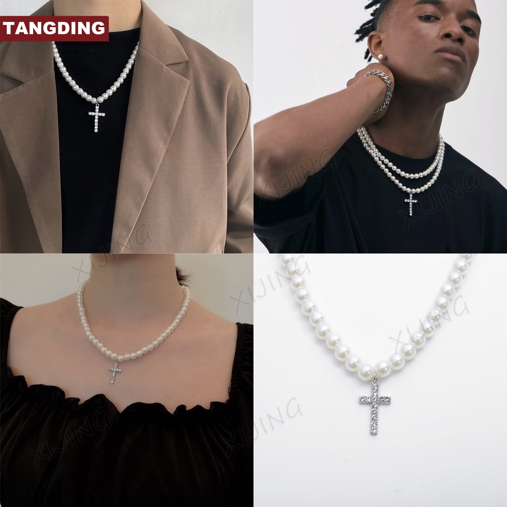 【COD Tangding】Imitation Pearls Chain Vintage Artificial Diamond Cross Pendant Necklace for Women Jewelry Gifts