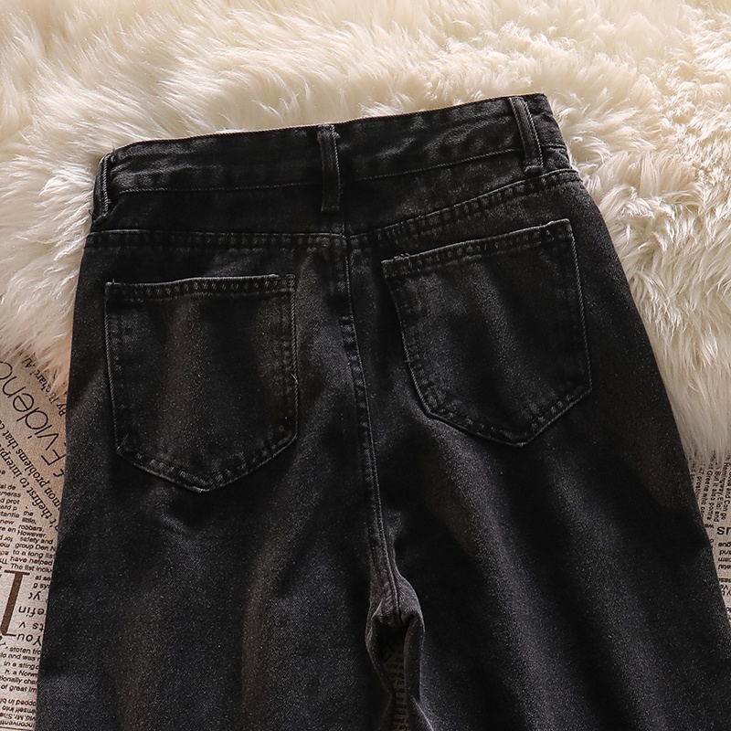 New hitam love embroidery high waist celana jeans panjang wanita