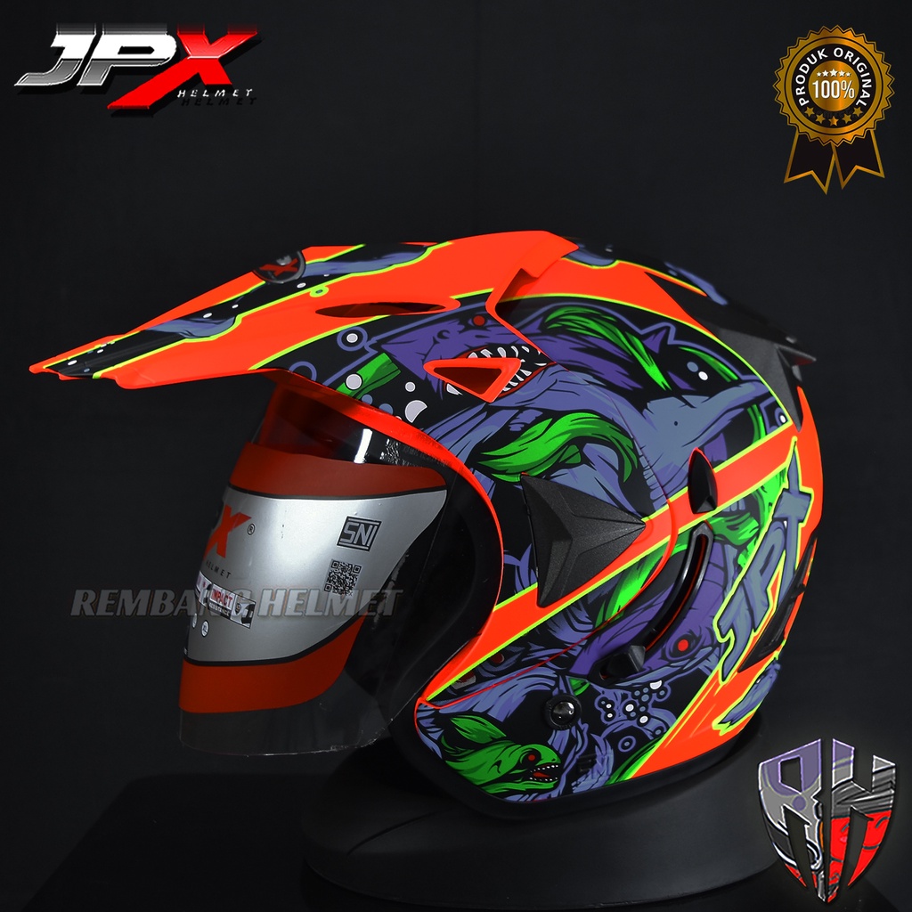 HELM JPX SUPERMOTO MOTIF SHARK FLUO RED DOFF, HELM HALF FACE, HELM SEMI CROSS, JPX OFFICIAL