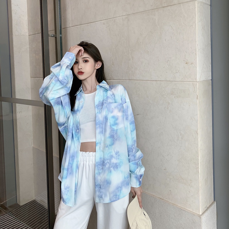 kemeja sifon kasual retro tie-dye fashion wanita korea lengan panjang