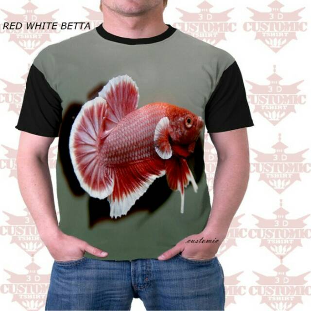 Kaos 3D Pria - Kaos Ikan Cupang Merah Putih