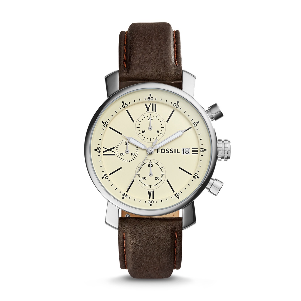 Fossil Rhett Champagne Round Dial 42mm Leather Brown Jam Pria - BQ1007