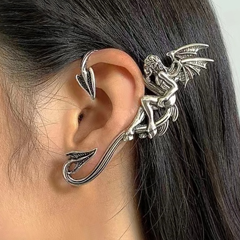 Anting Klip Tanpa Tindik Desain Bunga Mawar Demon Angel Gaya Punk Goth Vintage Untuk Wanita