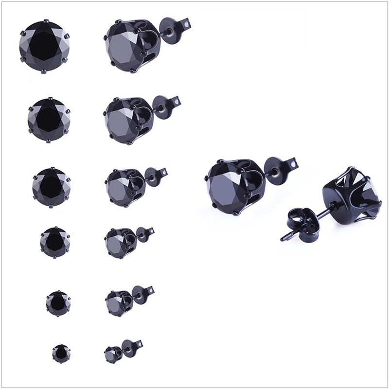 6 Pasang Anting Tusuk Bentuk Bulat Bahan Stainless Steel Warna Hitam Ukuran 3mm - 8mm Untuk Pria