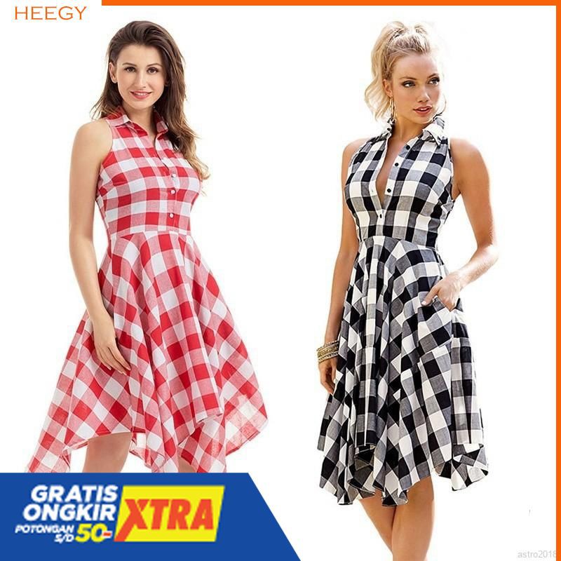 Maxi Dress Casual Klasik Motif Kotak-Kotak Gaya Wanita Korea