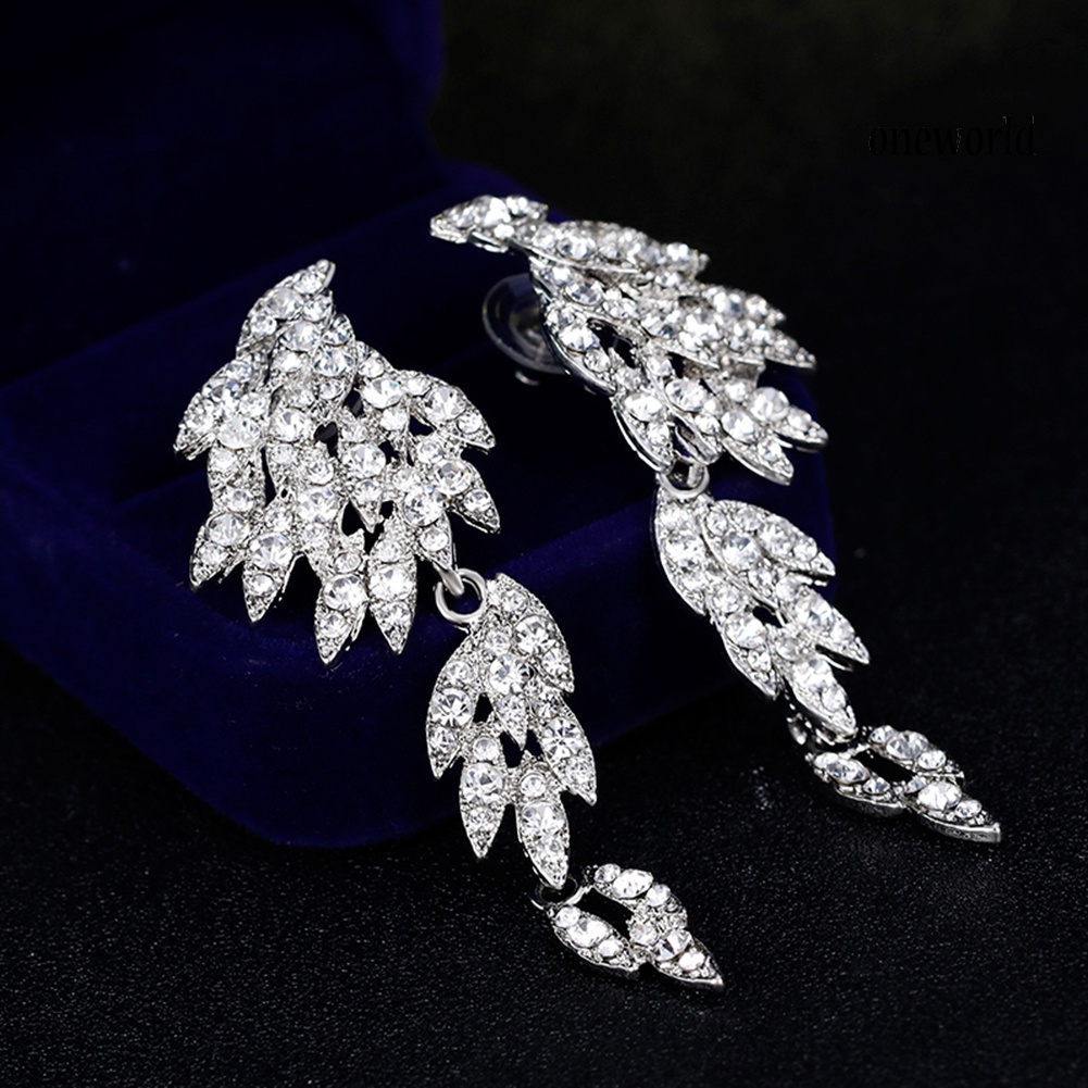 OW@ Elegant Full Rhinestones Wing Dangle Drop Pierced Earrings Women Wedding Jewelry