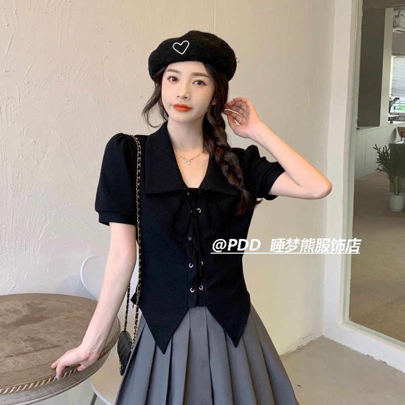 pro manis dan pedas desain tali rasa ramping polo kerah lengan pendek T-shirt wanita musim panas nic