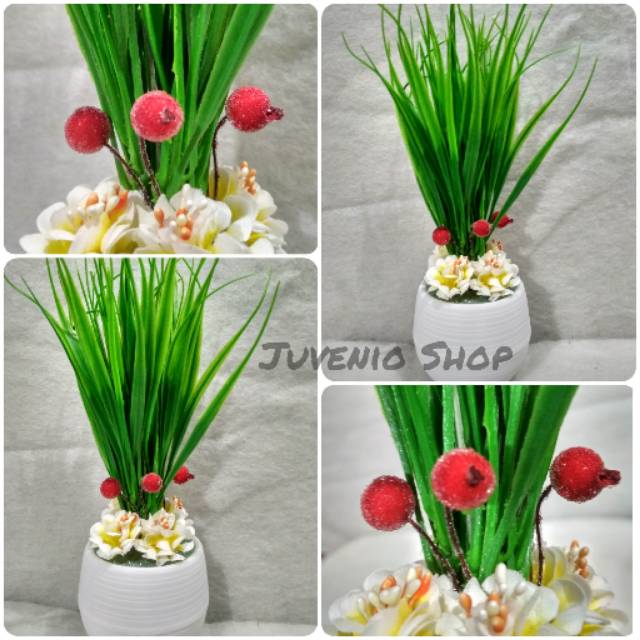 Set Pot + Tanaman Rumput Buah RedBerry dan Bunga Artifisial | Tanaman Bunga Plastik Imitasi