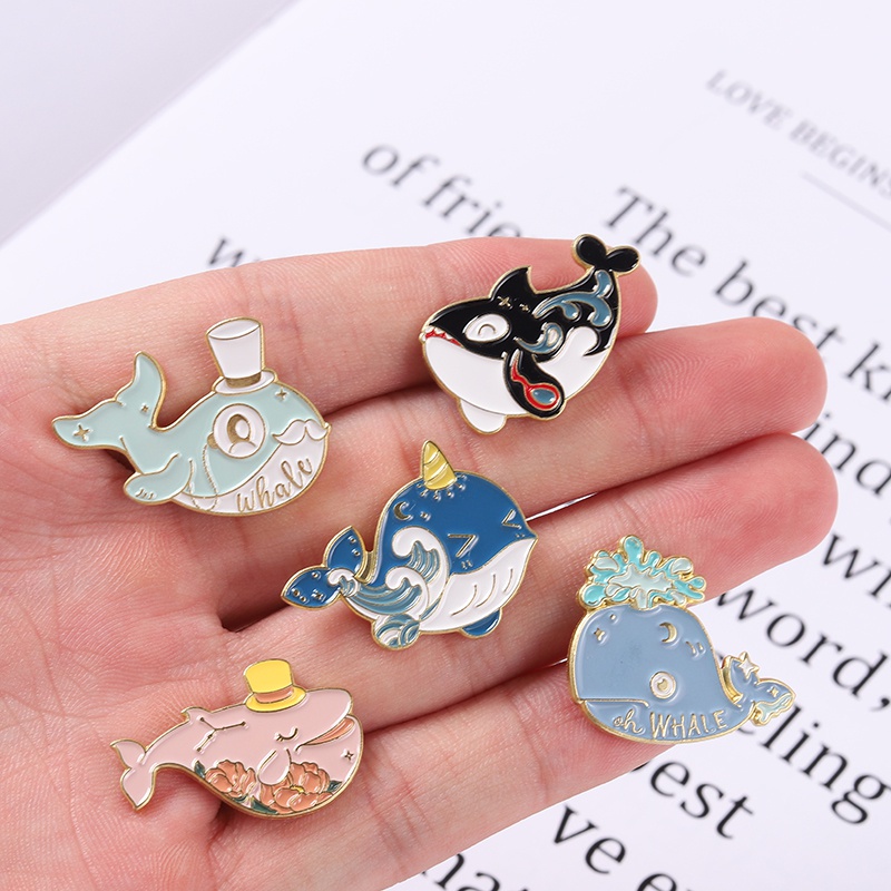 Whale Bros Pin Enamel Desain Kartun Ikan Paus / Bunga / Ombak Laut Untuk Anak Laki-Laki / Perempuan