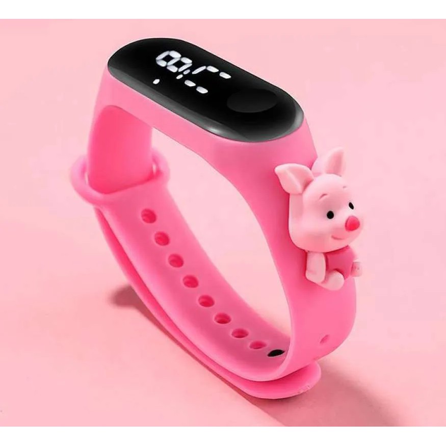 Jam Tangan Elektronik Tahan Air IP67 Motif Kartun Anak Laki-laki Perempuan LED Minimalis Gelang-Pink Piglet