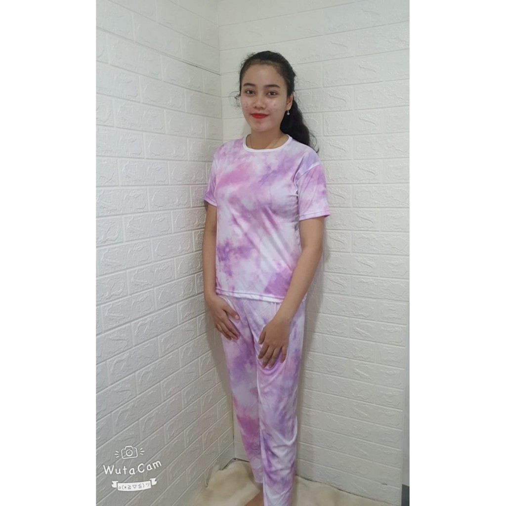 Rillo - Set Setelan CP  Wanita Tie Dye / Cotton Candy /bt21 bordir Fit XL-Violet CP