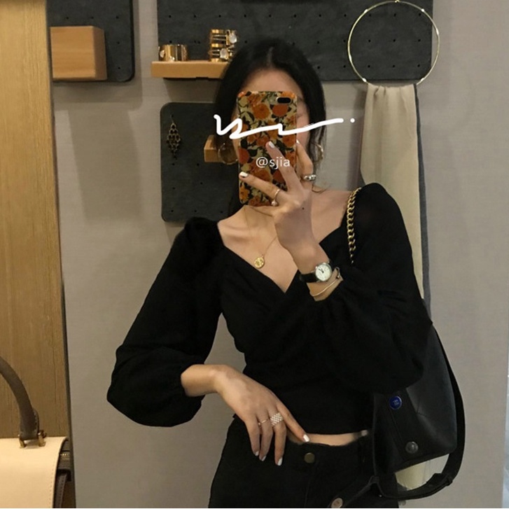 V-Neck Beludru Lipit Top Slim Fit Kemeja Vintage Korea