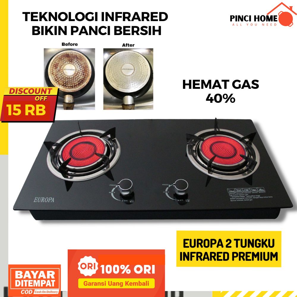 EUROPA Kompor Tanam Kaca 2 Tungku Infrared Hemat Gas LPG 40% Tempered Glass Kuat 80kg