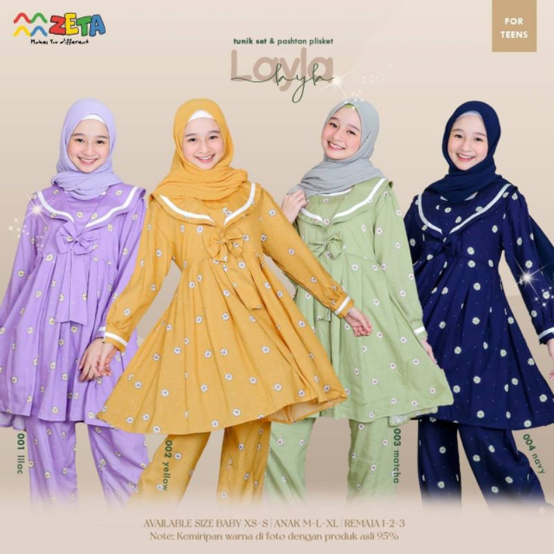 NEW SET Tunik ANAK Layla SERIES + KERUDUNG PLISKET PASTHAN ORIGINAL By ZETA OUTFIT