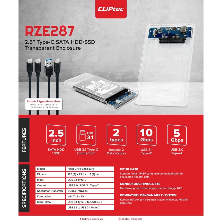 Case Enclosure HDD SSD CLIPtec RZE287 SATA 2.5" USB-C 3.1 - RZE 287