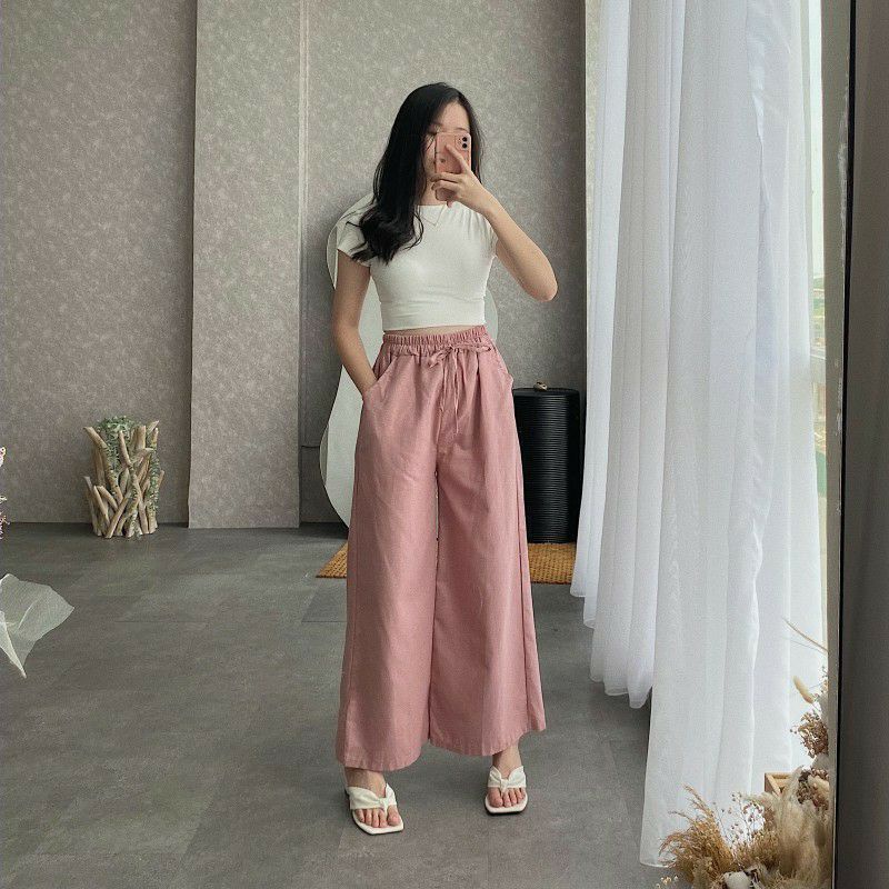 Celana kulot Panjang cigaret remaja ABG pola lebar-Dusty pink