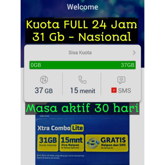 Kartu perdana internet XL 31gb 31 gb, 24 jam, kuota data XL combo Lite  37Gb 37 Gb