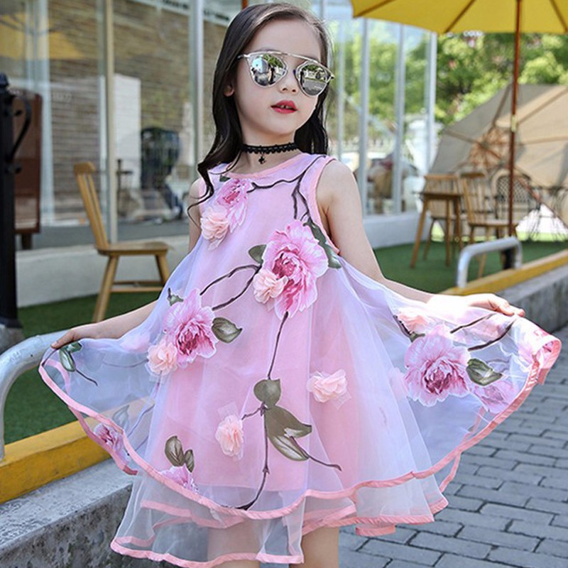 Dress Selutut Anak Perempuan Korea Model Princess Tanpa Lengan Motif Bunga untuk Musim Panas