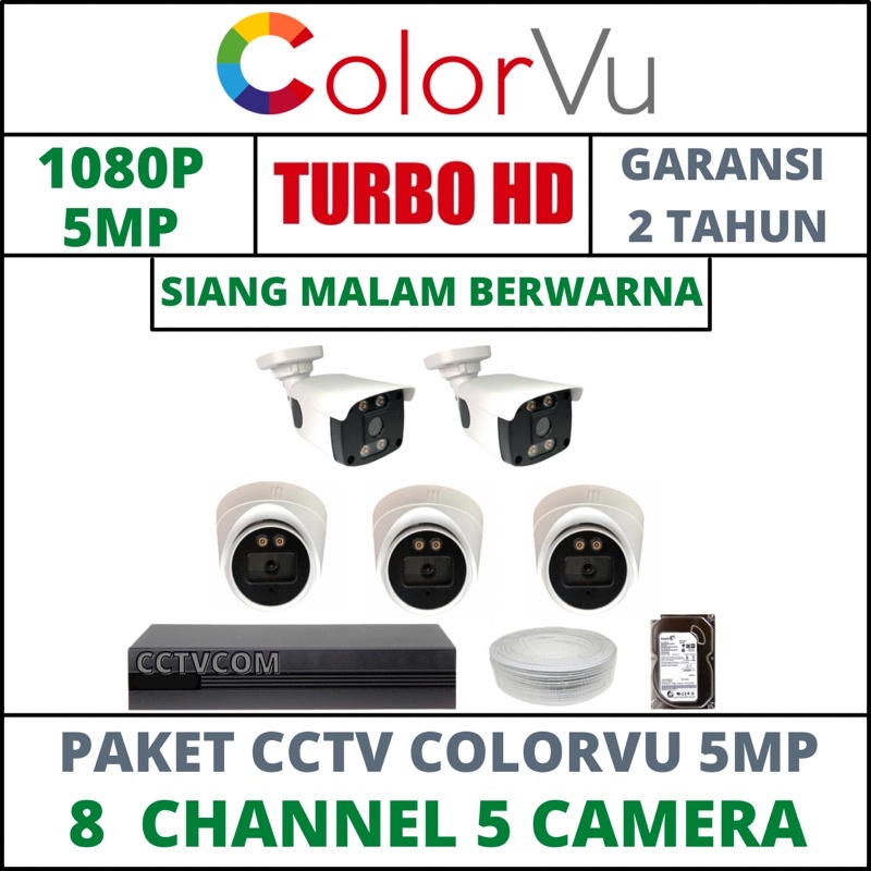 PAKET CCTV COLORVU -SIANG MALAM BERWARNA 8 CHANNEL 5 CAMERA 5MP IC SONY 1080P KOMPLIT TINGGAL PASANG