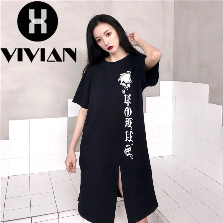 ?VIVIAN? Dress Kaos Wanita Lengan 1/2 Longgar Motif Print Tulisan dengan Belahan Depan Gaya Korea