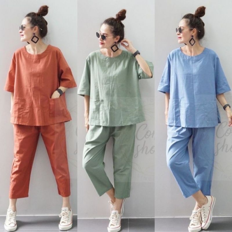 Alana One Set Linen Setelan Wanita Linen Atasan dan Celana