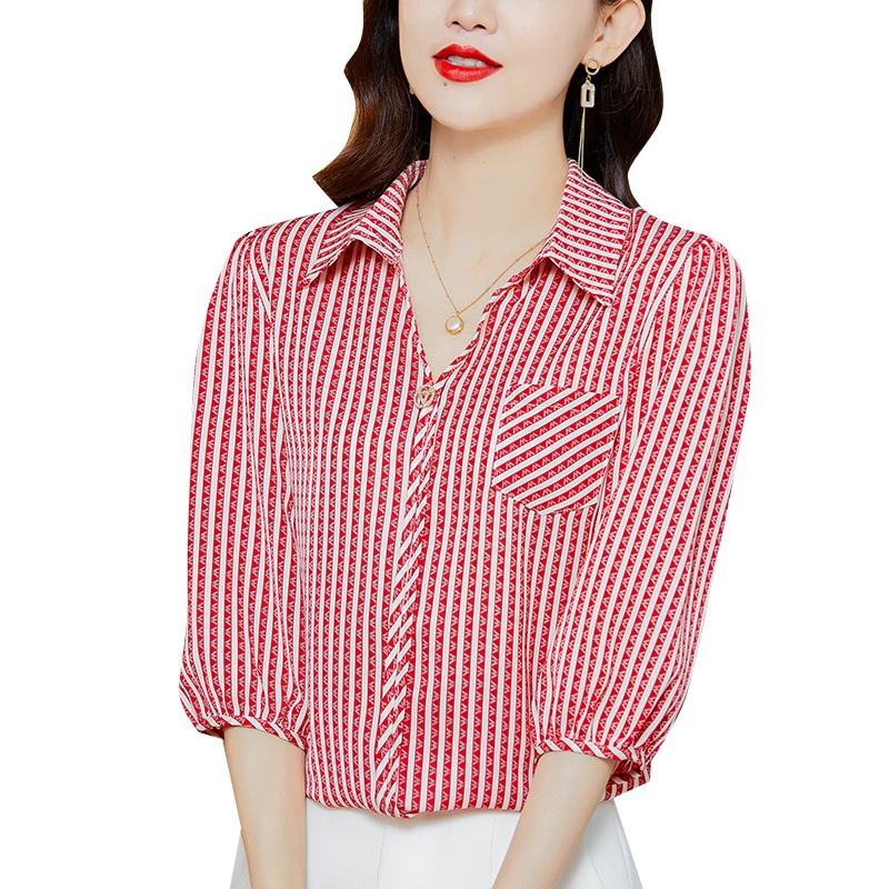 COD 2022 New Fashion Korean Style Red Black Stripes Women Blouse Summer 3/4 Sleeve Length Shirts Tops 2023t Kemeja Korean Style Wanita Kemeja Kerja Wanita