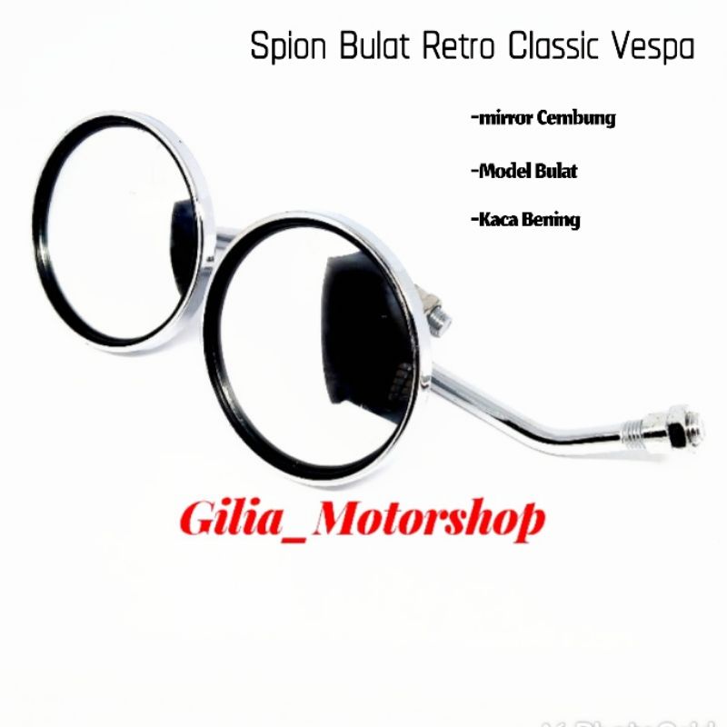 Spion Bulat Retro Classic Vespa Chrome Tangkai Pendek Mirror Cembung