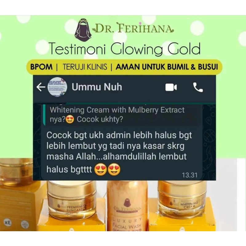 [Paket Glowing Gold] Dr. Ferihana (Luxury Facial Wash &amp; Suncare 03 &amp; Whitening Cream) Tidak Untuk Kulit Berjerawat Mencerahkan Melembabkan Wajah Menghilangkan Flek &amp; Bintik Hitam Skincare Original BPOM