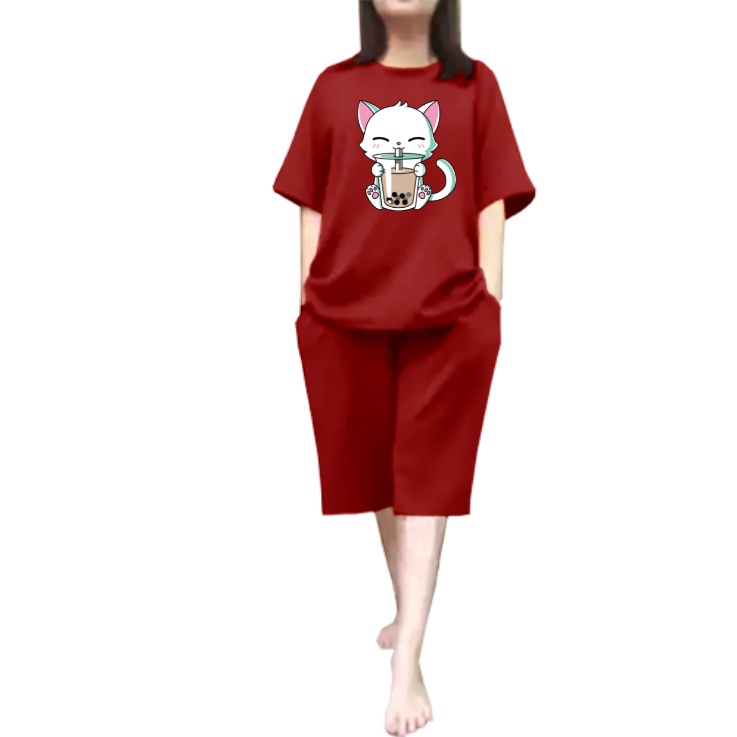 Setelan Jumbo Oversize Wanita CAT BOBA Celana Pendek LD 110 / set Kaos Wanita